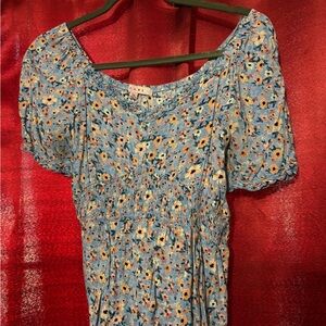 Floral Blue Dress with Puff Sleeves